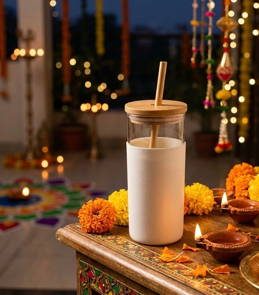 Double-wall tumbler with bamboo straw lid — CrazyFlora Diwali hamper item