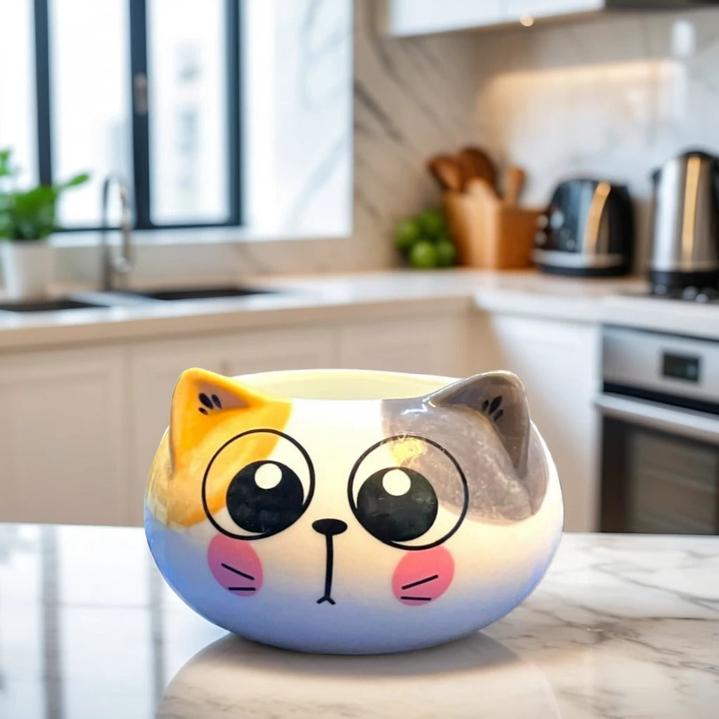 Cat Face Shape Ceramic Planter in white and yellow
