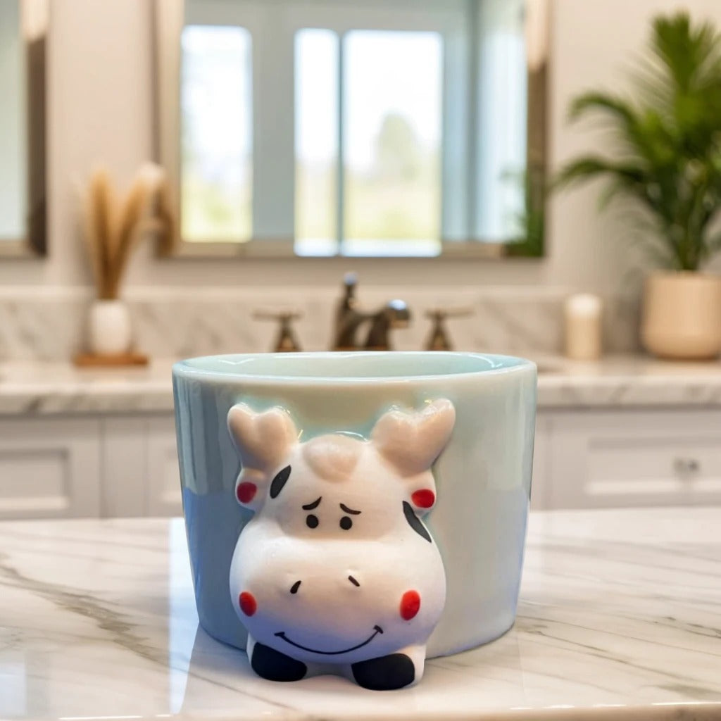 Cow Face Mug Shape Ceramic Planter in white and sky blue