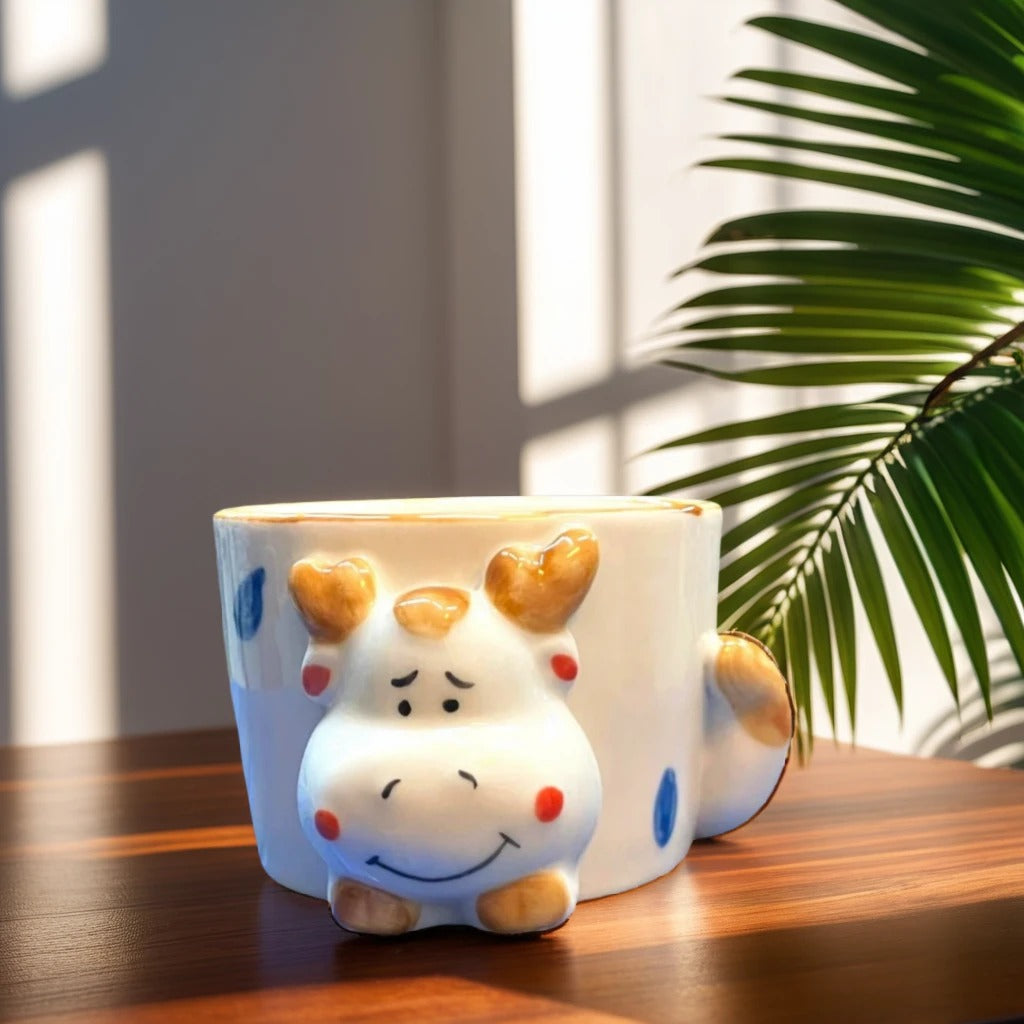Cow Face Mug Shape Ceramic Planter in white and blue
