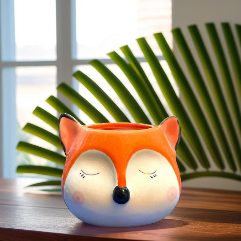 Fox Face Shape Ceramic Planter in white and orange