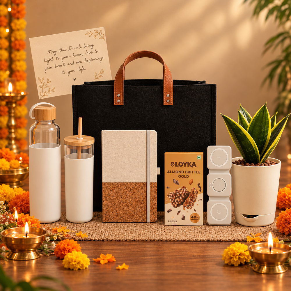 Deepotsav Hamper — full flatlay with bottle, tumbler, notebook, almond brittle, charger, snake plant and tote bag