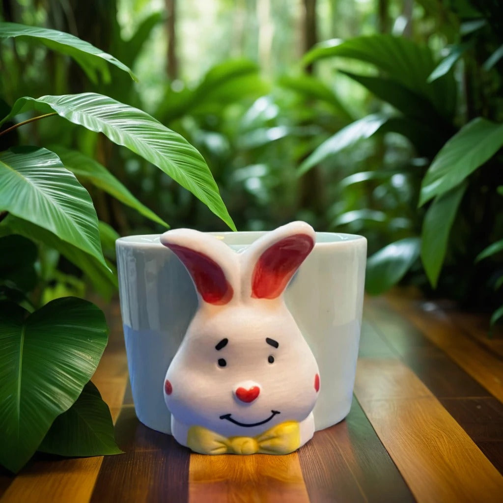 Rabbit Face Shape Mug Ceramic Planter in white and sky blue