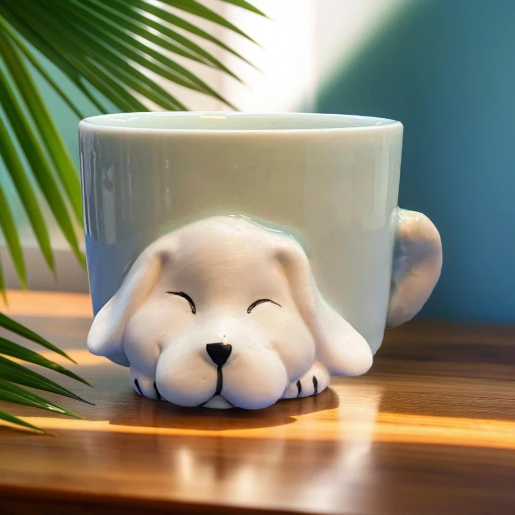 Sleeping Dog Face Shape Ceramic Planter in light green and white
