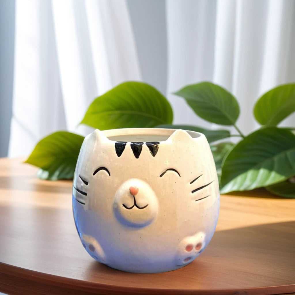 Smiling Cat Face Shape Ceramic Planter in white
