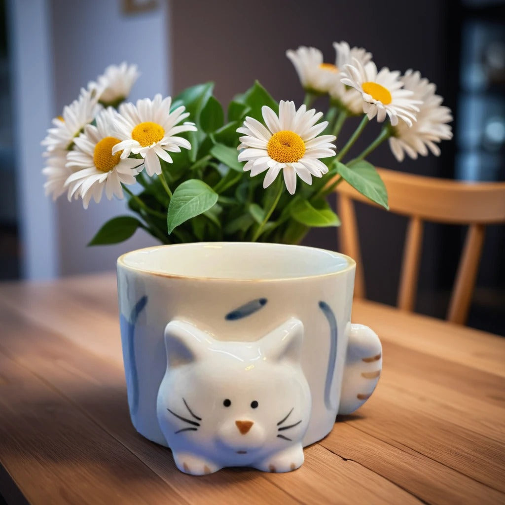 Cat Design Mug Shape Ceramic Planter in white and blue