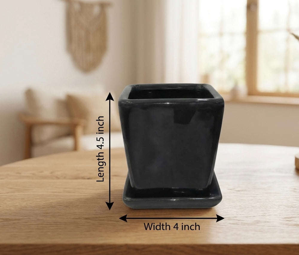 Square Taper Planter in Black, with matching saucer