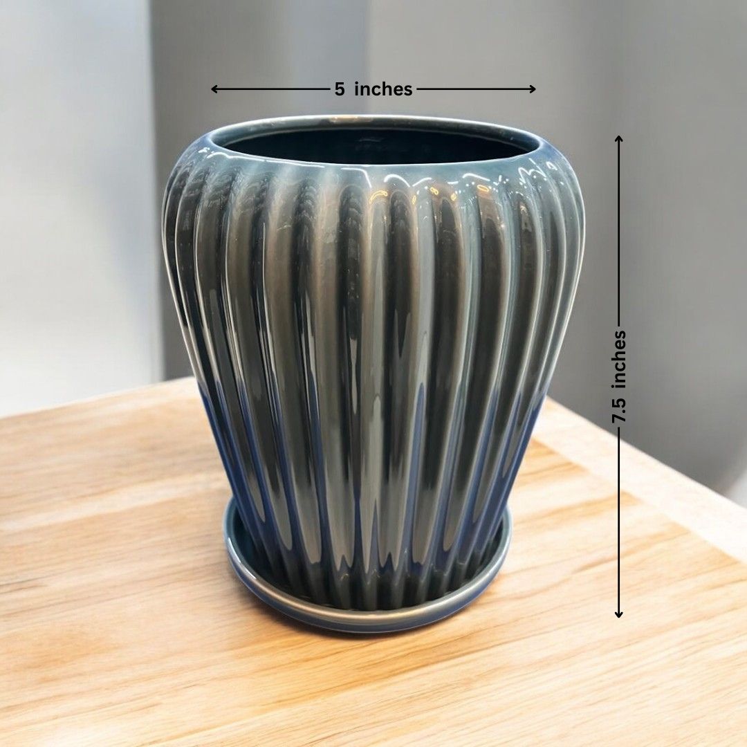 Round Shaped Planter with Vertical line Design with Bottom Plate