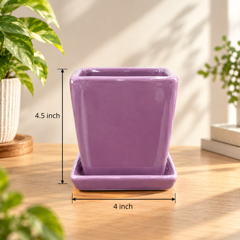 Square Taper Planter in Purple, with matching saucer