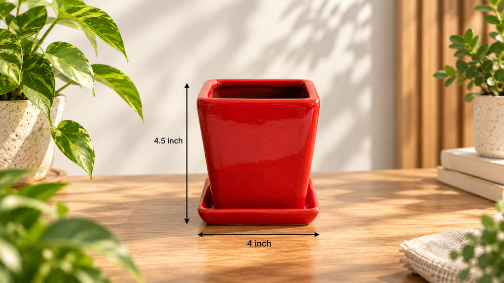 Square Taper Planter in Red, with matching saucer