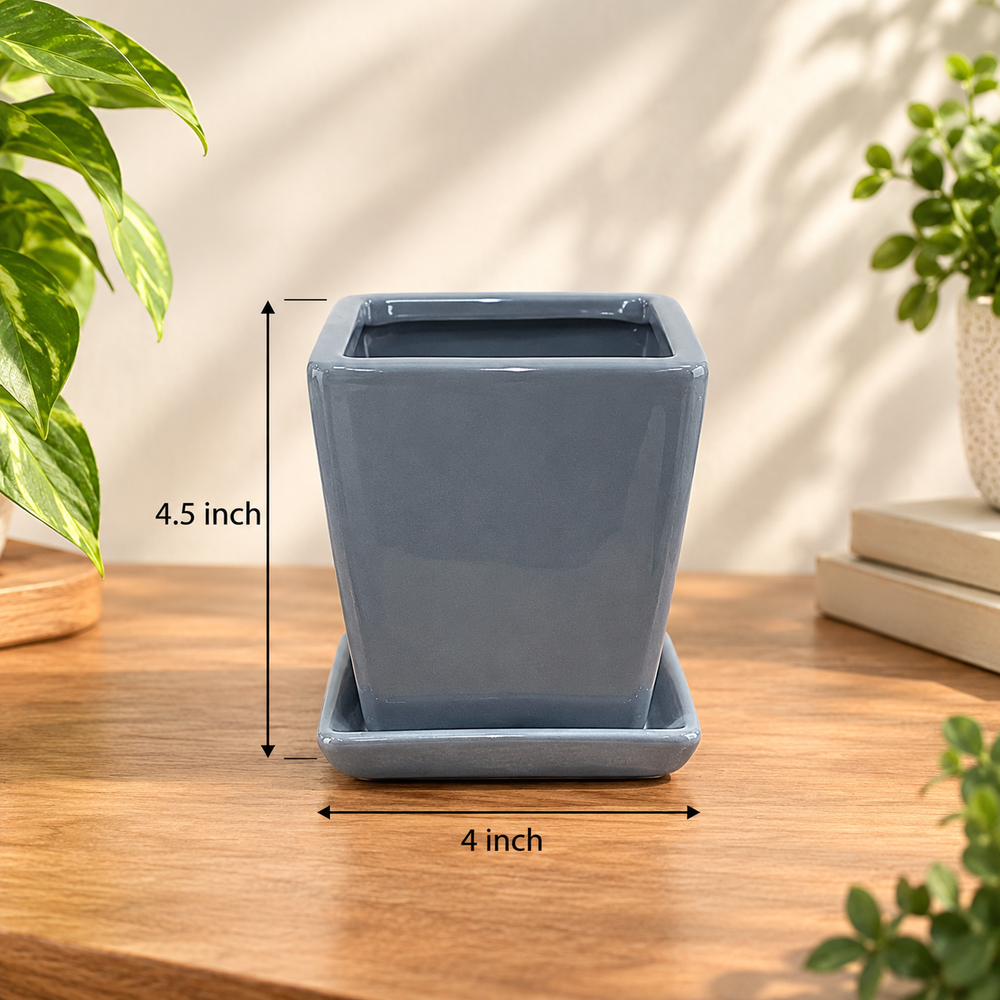 Square Taper Planter in Grey, with matching saucer