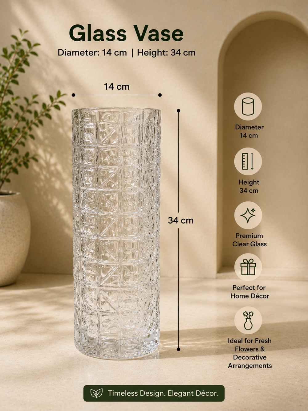 CrazyFlora Clear Glass Flower Vase – Textured Crystal Design