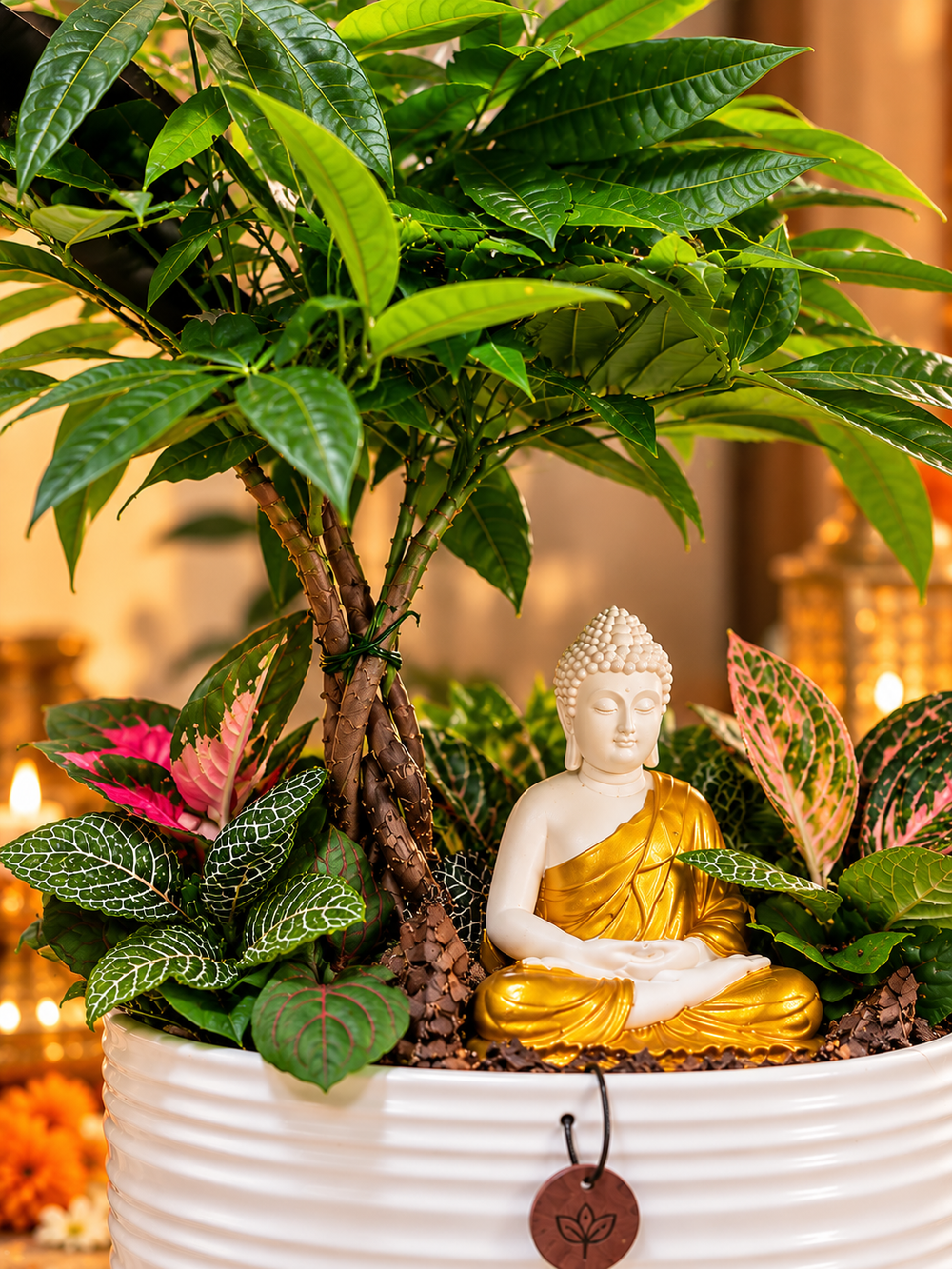 Styled Diwali scene with the Buddha planter, kraft CrazyFlora gift box, diyas, and marigolds