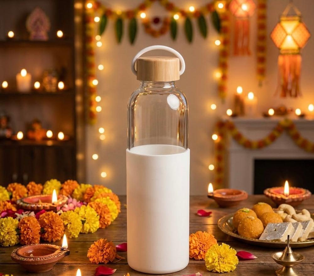 Glass water bottle with bamboo lid — CrazyFlora Diwali hamper item