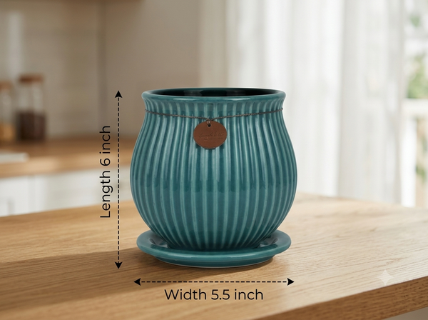 Ribbed Belly Planter - Large in Teal, with matching saucer